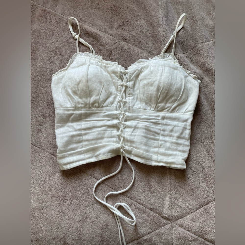 corset-tied white crop tank